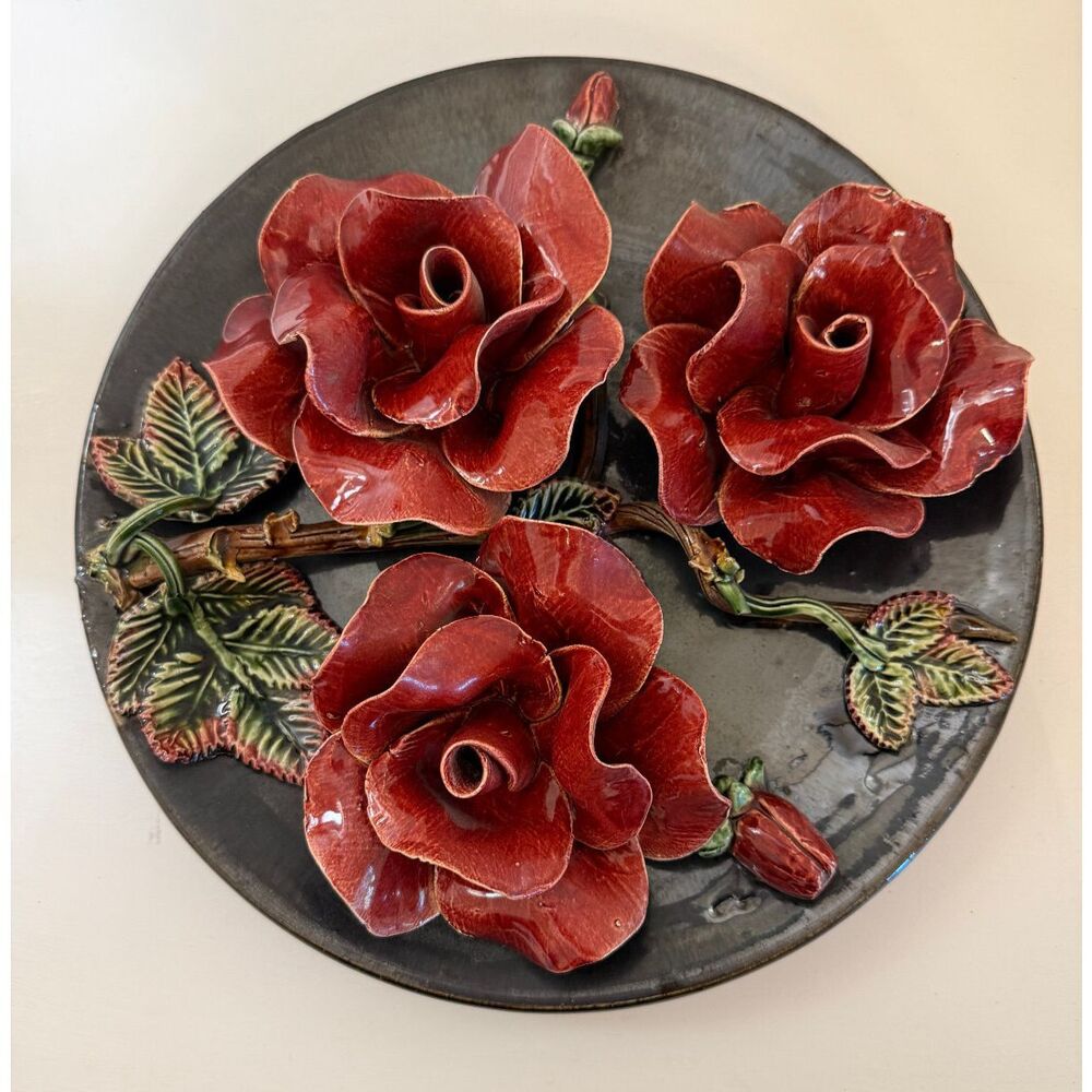 Vintage Capodimonte Flower‎ Black Plate Large Roses Leaves 12 Inches